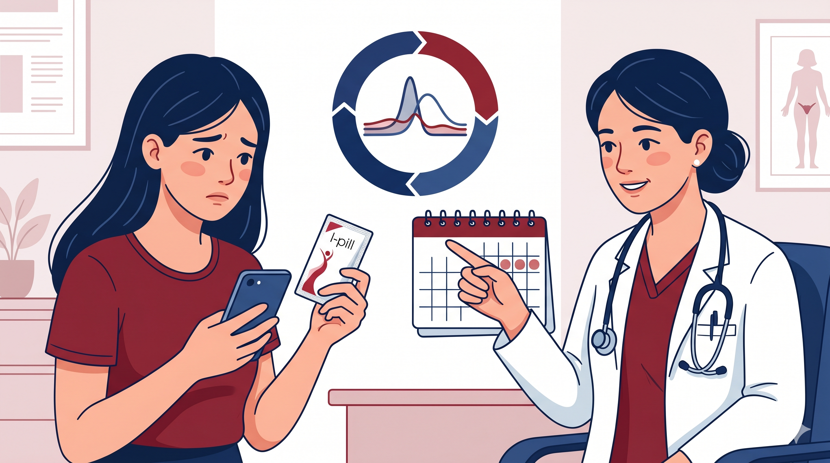 Medical illustration of a doctor advising a patient about hormonal cycles, using KCJ Hospital's red and navy blue brand colors.
